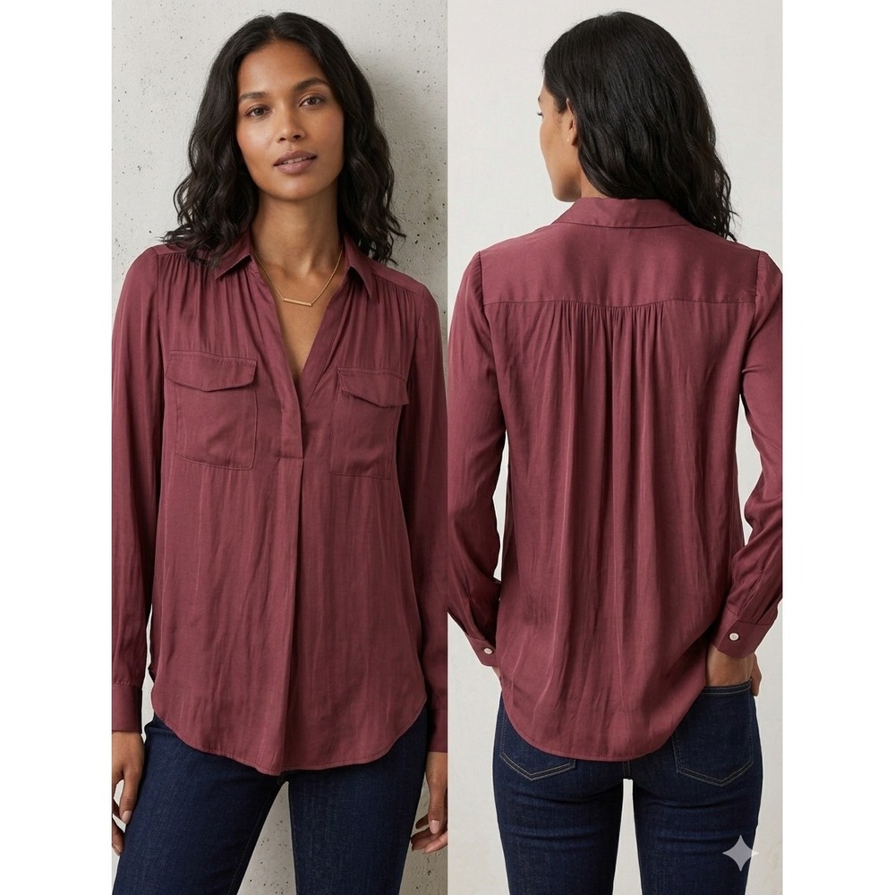 Ann Taylor‎ Blouse XSP Petite Burgundy Red V-Neck Collared Shirt Office